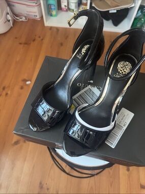 Vince Camuto Black Patent Croc-Embossed Ankle Strap Heels